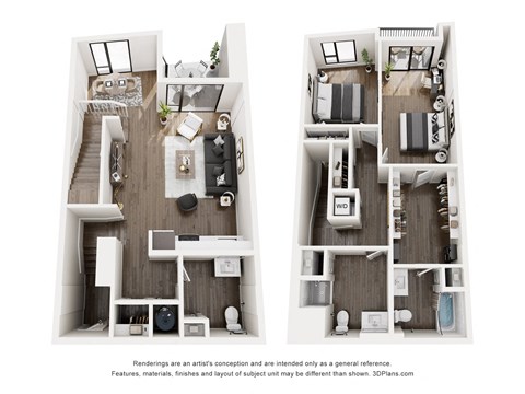 Two floor plans of a house with a kitchen, living room, and bedrooms.